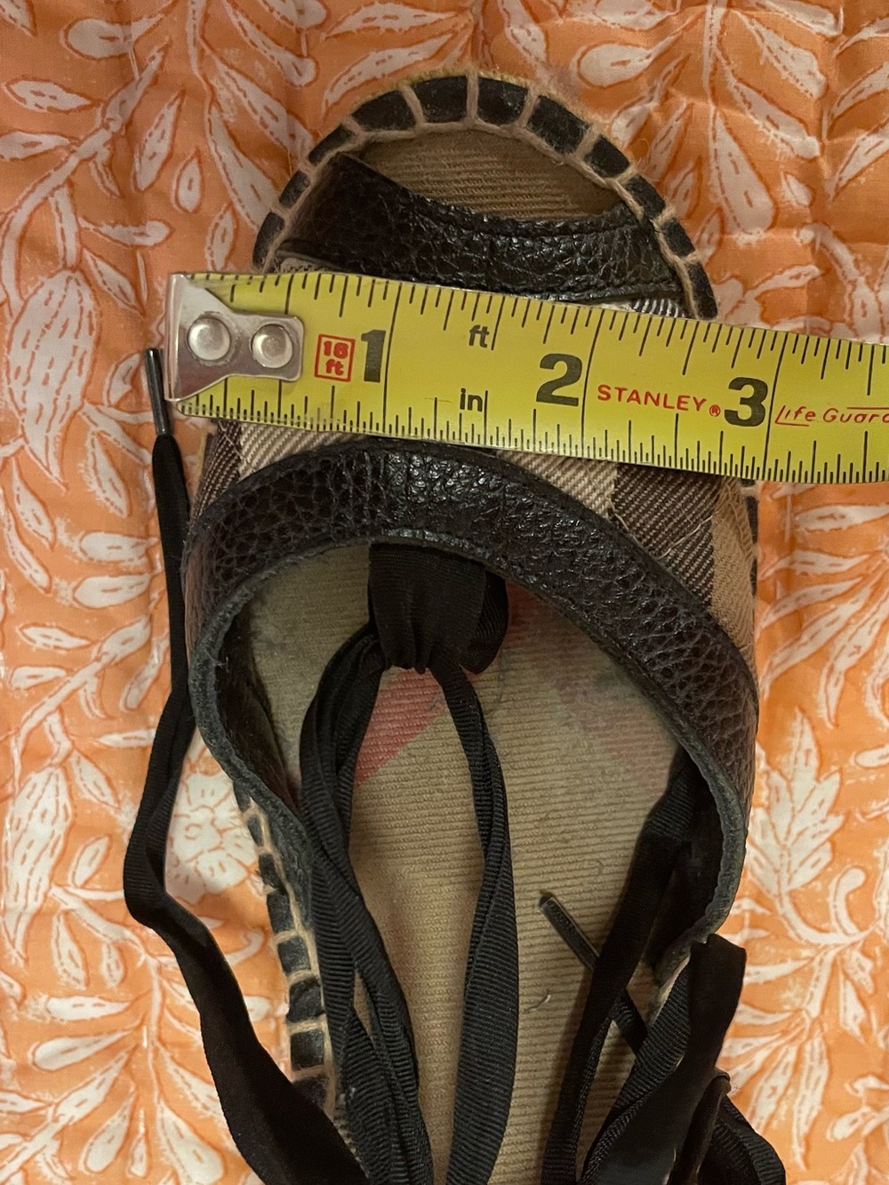 Burberry Beige and Black Plaid Espadrille Wedge Sandals with Ribbon Ties - Picture 3 of 3